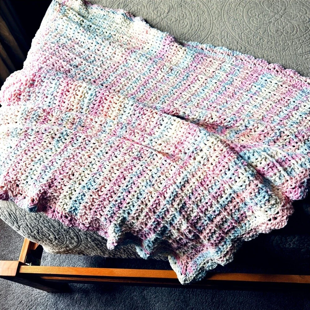 Crochet Baby Blanket Handmade Pastel Pink Blue White Super Soft Yarn 38x38 Throw
